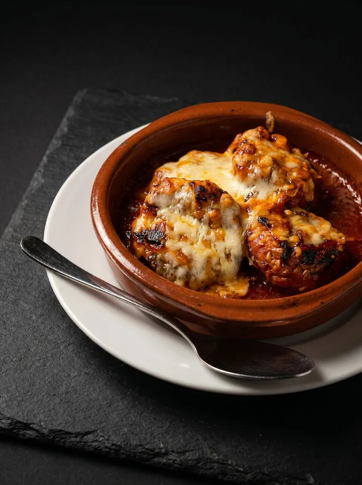 Keftedakia, gehaktballetjes in tomatensaus gegratineerd met kaas