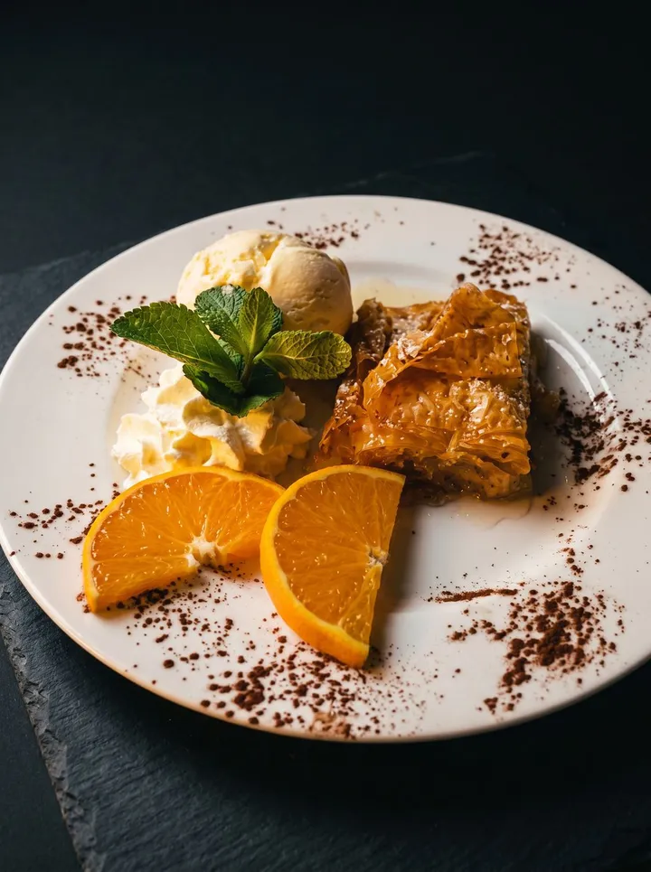 Baklava met vanille-ijs, slagroom en sinaasappel